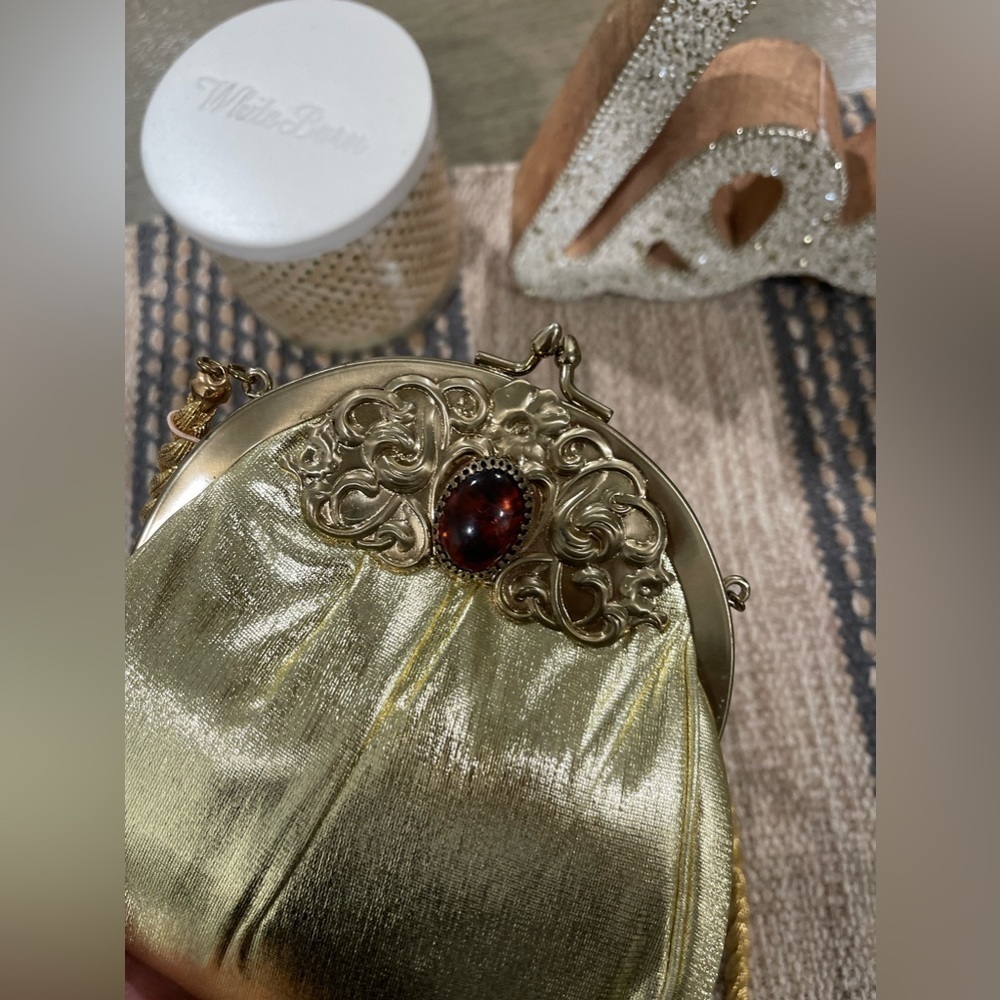 VTG 50's H L (Harry Levine) Mini Evening Gold Lame Handbag Shoulder Bag w/Amber - Picture 5 of 8
